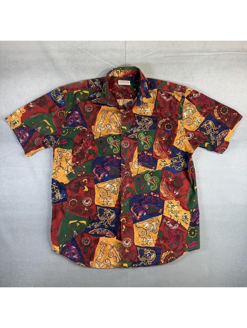 VTG 80s Banana Republic Safari Shirt Mens L/XL Blue Red Travel Cave Art Graphic
